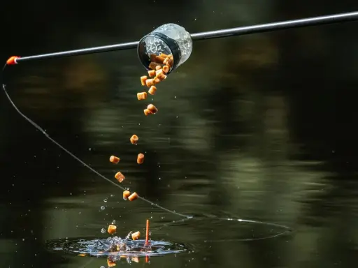Zanęta do method feeder spada do wody, tworząc idealną chmurę przyciągającą ryby.
