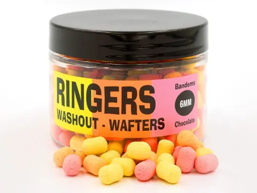 Słoik z przynętami wędkarskimi Ringers Washout Wafters 6mm o smaku czekoladowym.