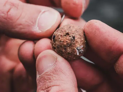 Dłonie trzymają okrągłą kulkę przynęty wędkarskiej z widocznymi fragmentami.