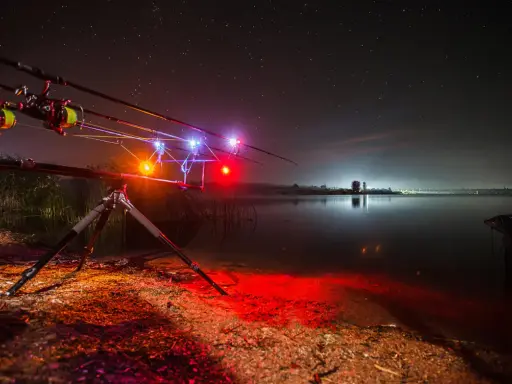 Nocne łowienie karpi. Wędki na podpórce z sygnalizatorami brań, jezioro i gwiazdy. To jak zrobić świetlik na ryby.
