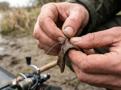 Dłonie wędkarza zakładają przynętę na haczyk.