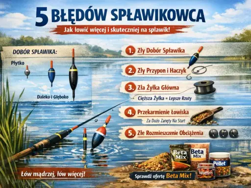Jaki spławik na jezioro? Ilustracja pokazuje 5 błędów w wędkarstwie spławikowym, od wyboru spławika po rozmieszczenie obciążenia.