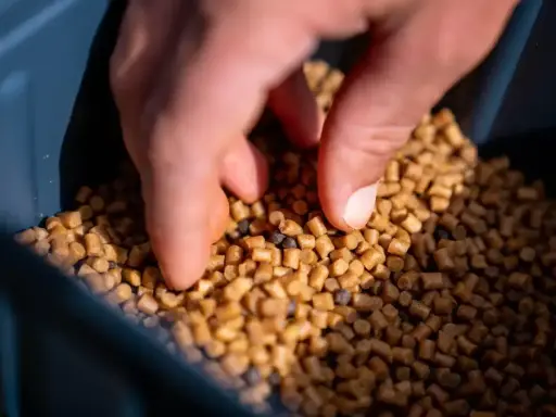 Dłoń sięga po pellet, który posłuży jako tuszol do nęcenia ryb.
