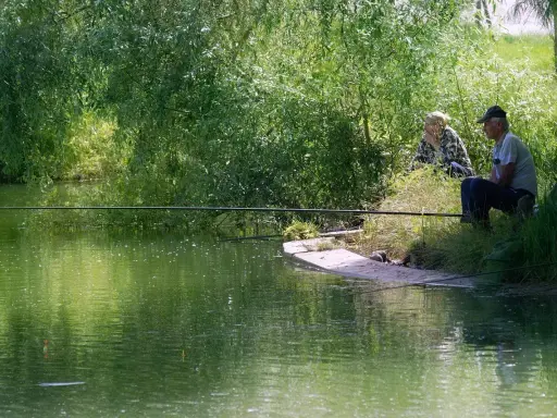 Para siedzi nad zielonym jeziorem soczewka, łowiąc ryby.