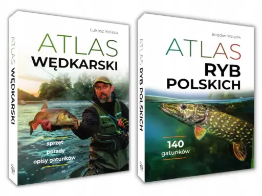 Dwie okładki atlasów wędkarskich: "Atlas Wędkarski" z wędkarzem i rybą oraz "Atlas Ryb Polskich" z pięknym szczupakiem, prezentujące różne rodzaje ryb.