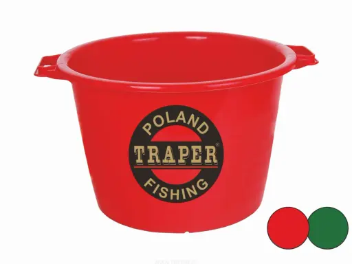 Czerwony pojemnik na zanętę z logo "TRAPER FISHING POLAND". Idealny do przechowywania przynęt wędkarskich.