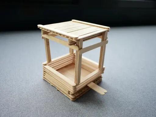 Miniaturowy karmnik dla ryb na staw, wykonany z patyczków. Prosty pomysł, jak zrobić karmnik dla ryb na staw.
