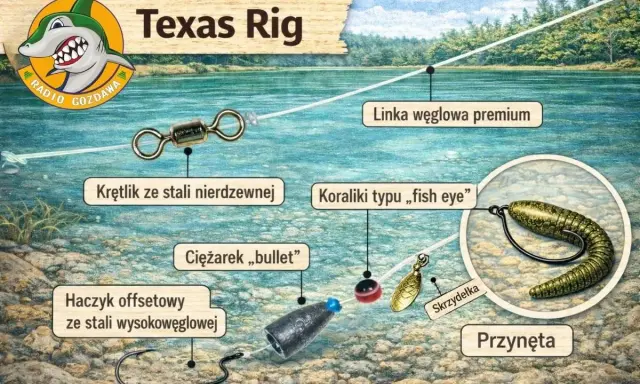Ilustracja schematyczna zestawu Texas Rig z przynętą, haczykiem, ciężarkiem i krętlikiem.