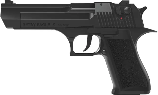 Czarny pistolet Retay Eagle X Cal 9mm, przypominający wyglądem model Desert Eagle, często kojarzony ze stalkerami.