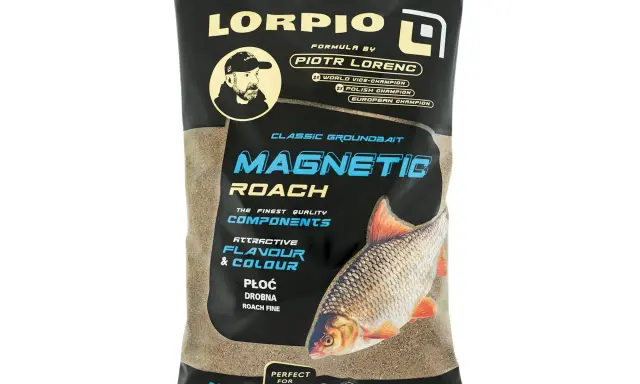 Zanęta Lorpio Magnetic Roach, formuła Piotra Lorenca. Dobre opinie wędkarzy o tej mieszance na płocie.