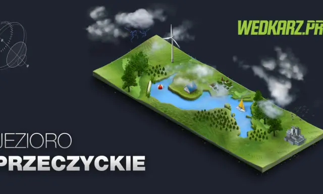 Wizualizacja jeziora Przeczyckiego z domkami, żaglówką, wiatrakiem i budynkami. W tle burzowe chmury.