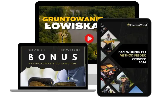 Trzy ekrany z grafikami wędkarskimi: laptop, tablet i monitor z widokiem na łowisko.