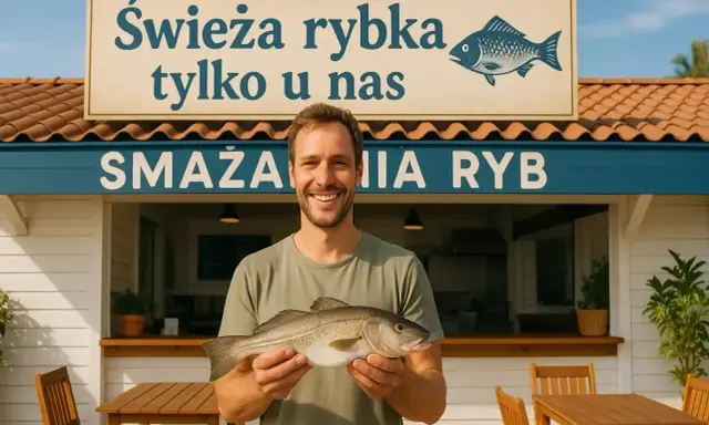 Uśmiechnięty mężczyzna trzyma świeżą rybę przed smażalnią. To idealny sezon na ryby bałtyckie!