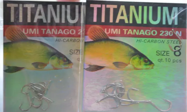 Dwa opakowania haczyków wędkarskich Titanium Umi Tanago 230N, rozmiar 8, po 10 sztuk. Idealny haczyk na lina.