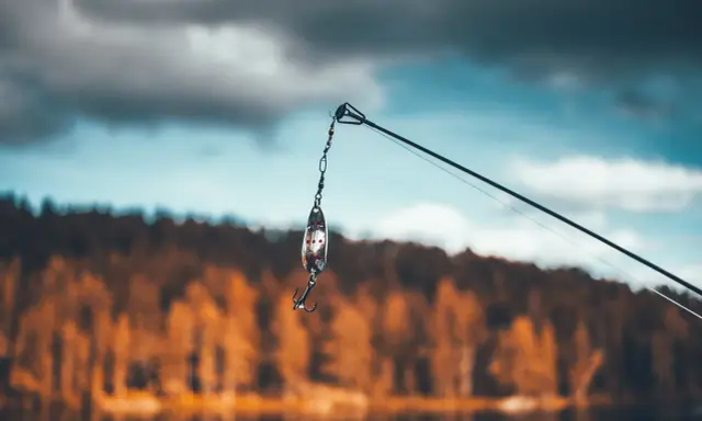 Przynęta z haczykiem wisi na żyłce, gotowa do połowu na jeziorze Skarlińskim. W tle jesienne drzewa i błękitne niebo.