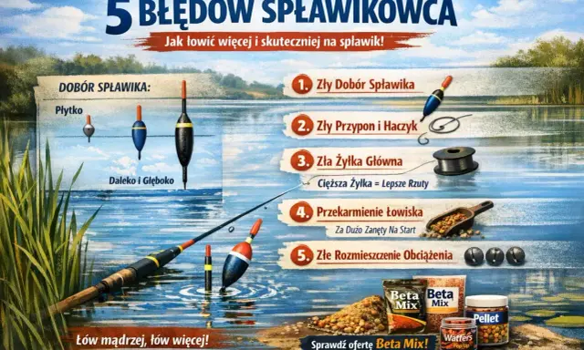 Jaki spławik na jezioro? Ilustracja pokazuje 5 błędów w wędkarstwie spławikowym, od wyboru spławika po rozmieszczenie obciążenia.