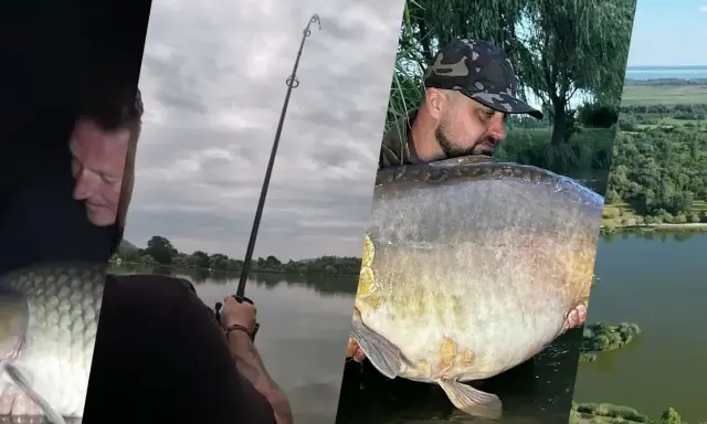 Wędkarz z potężnym karpiem, widok na jezioro i las. Sprawdź euro aqua cennik dla najlepszych wędkarskich przygód.