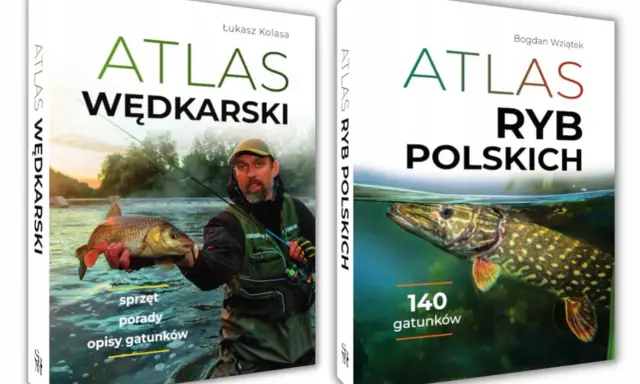 Dwie okładki atlasów wędkarskich: "Atlas Wędkarski" z wędkarzem i rybą oraz "Atlas Ryb Polskich" z pięknym szczupakiem, prezentujące różne rodzaje ryb.