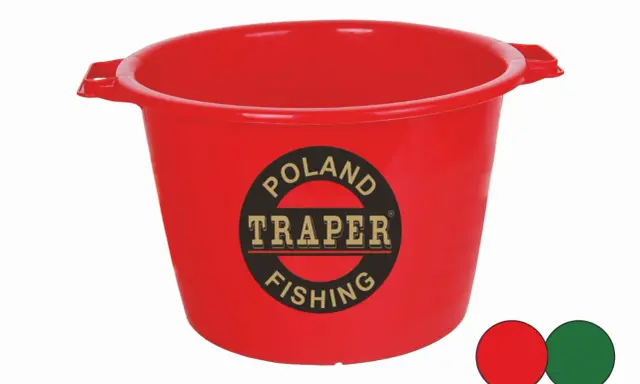 Czerwony pojemnik na zanętę z logo "TRAPER FISHING POLAND". Idealny do przechowywania przynęt wędkarskich.