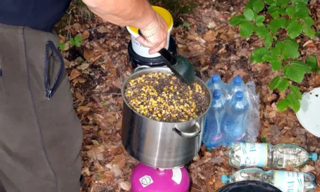 Przygotowanie grochu na ryby: duży garnek z ziarnami kukurydzy i grochu na kuchence turystycznej. W tle butelki z wodą.