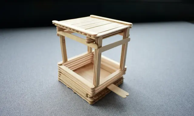 Miniaturowy karmnik dla ryb na staw, wykonany z patyczków. Prosty pomysł, jak zrobić karmnik dla ryb na staw.