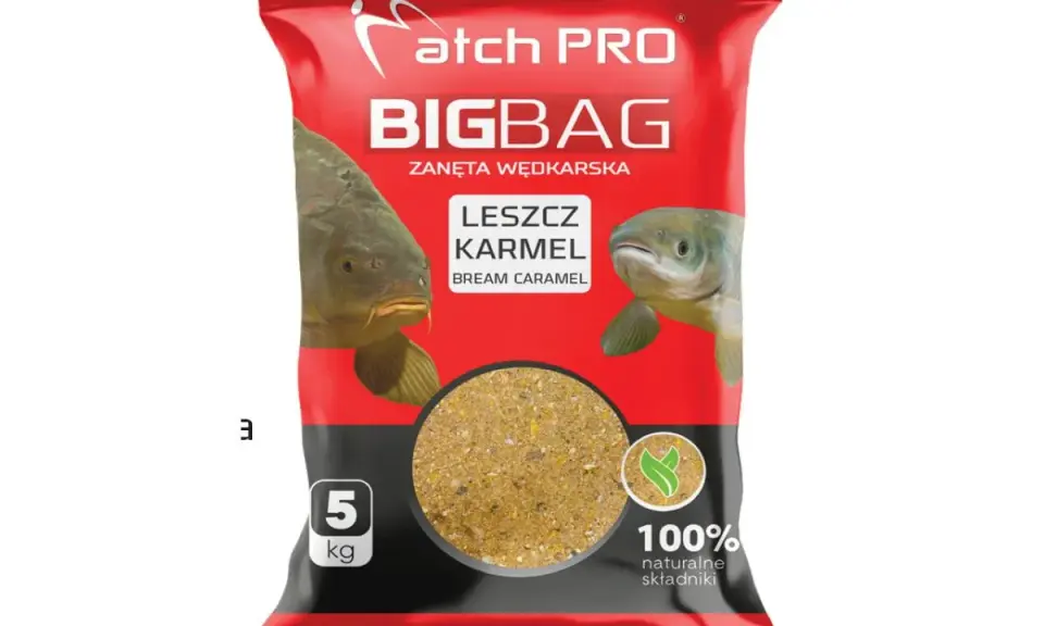Opakowanie zanęt wędkarskich 5kg Match PRO BIGBAG o smaku karmelowym, z wizerunkiem karpia i leszcza.