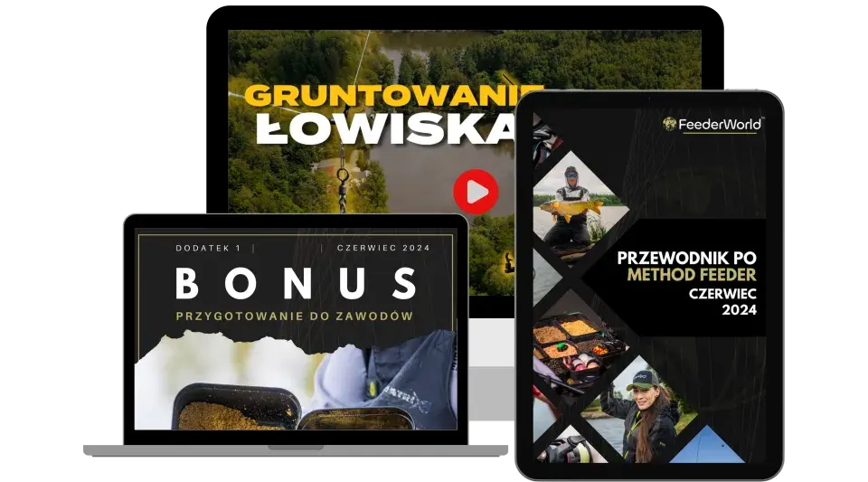Trzy ekrany z grafikami wędkarskimi: laptop, tablet i monitor z widokiem na łowisko.