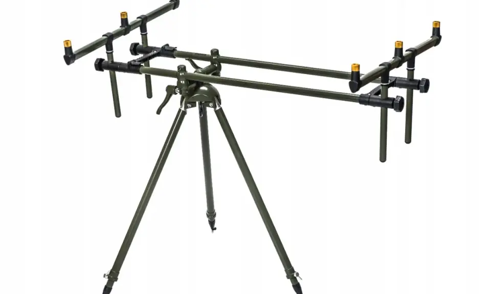 Solidny, zielony rod pod z trzema nogami, idealny do stabilnego ustawienia wędki.