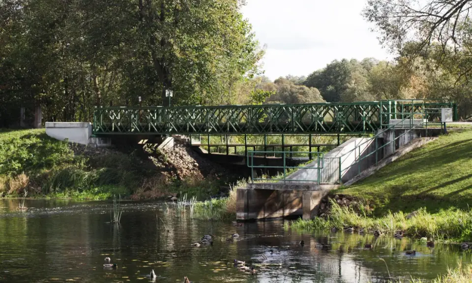 Zielona opaska na rzece, przez którą przepływają kaczki. Mostek łączy brzegi, a jesienne drzewa tworzą tło.