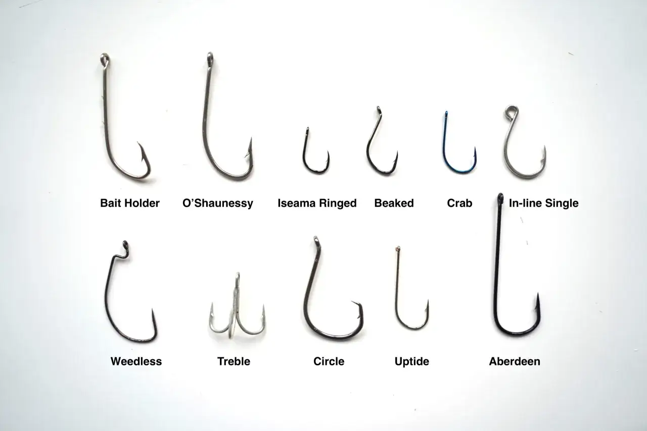 Różnorodne kotwiczki wędkarskie: Bait Holder, O'Shaunessy, Iseama Ringed, Beaked, Crab, In-line Single, Weedless, Treble, Circle, Uptide, Aberdeen.