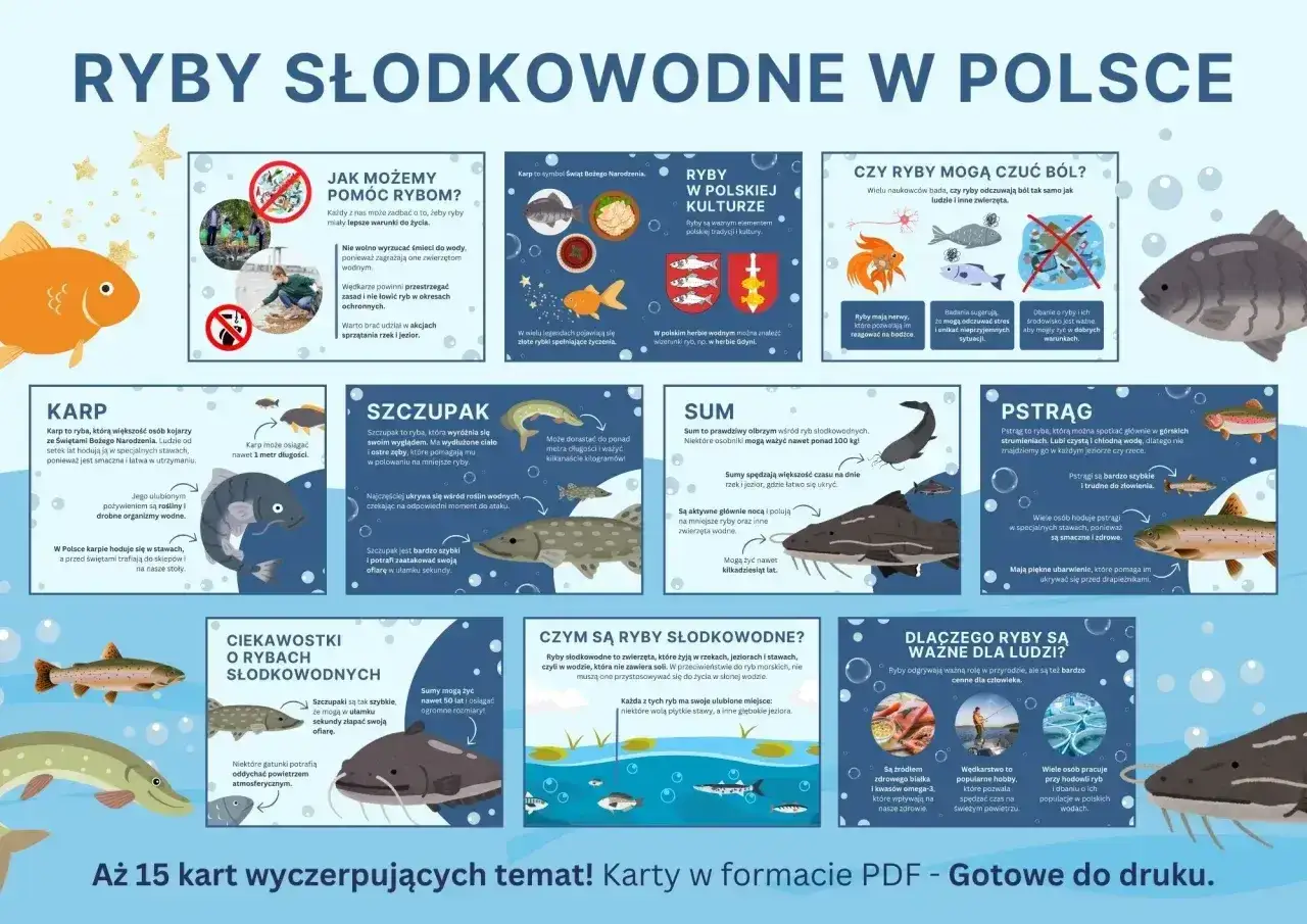 Ilustracja przedstawia ryby słodkowodne w Polsce, omawiając ich znaczenie w kulturze i przyrodzie. Wiele gatunków, jak karp czy sum, jest ważnych dla polskiej ichtiologii.