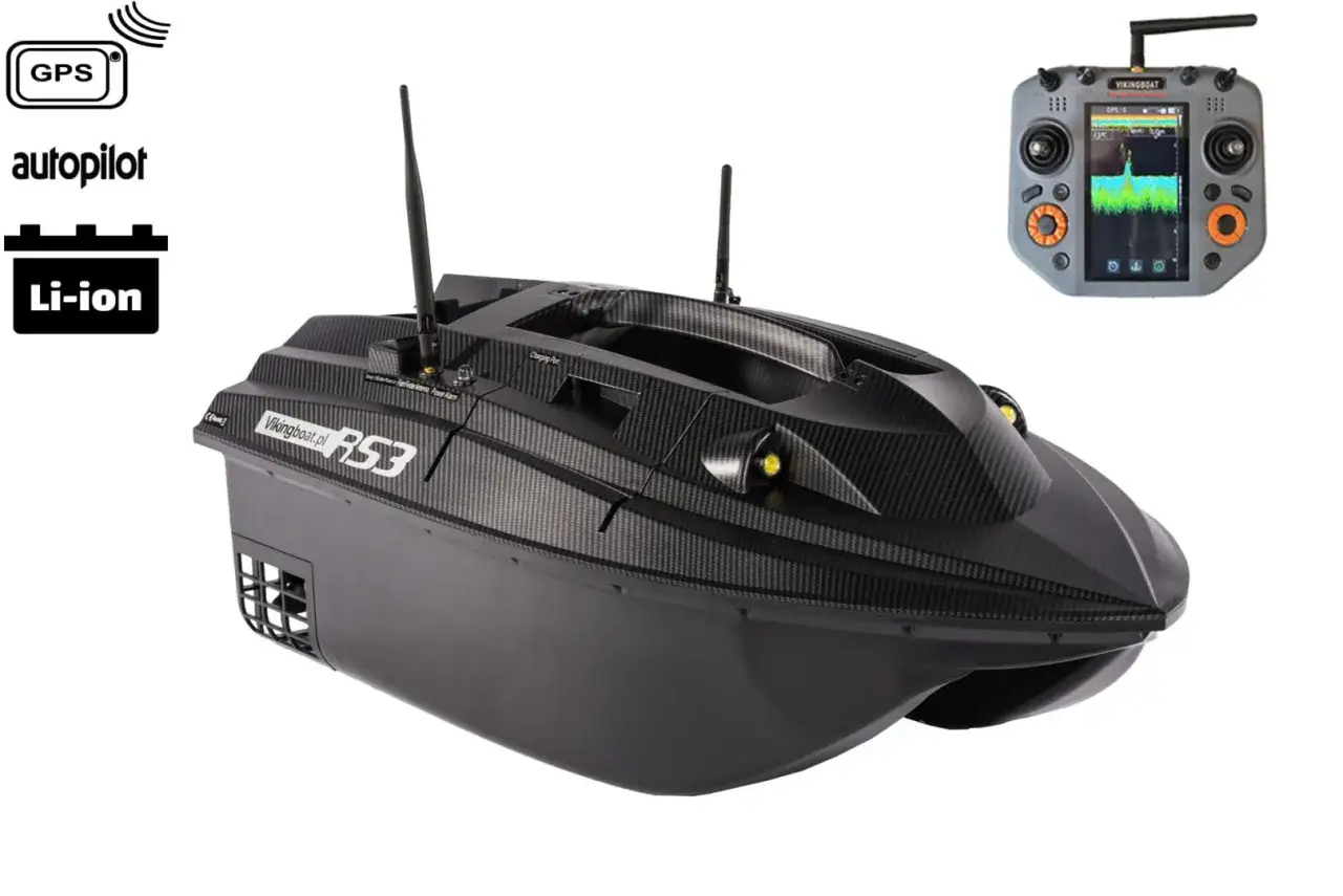 Czarna łódka do wywozu zanęty RS3 z GPS i autopilotem, sterowana pilotem z ekranem sonaru.
