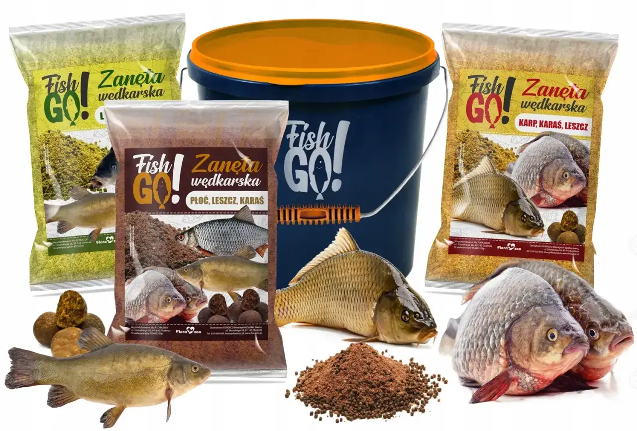 Zanęty wędkarskie Fish GO! i wiaderko, które pomogą Ci zwabić ryby na łowisko. Karpie, leszcze i płocie nie oprą się tej mieszance.