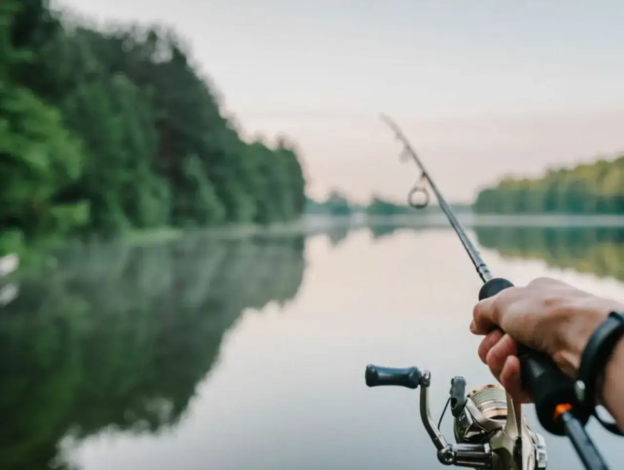 Ręka trzyma wędkę spinningową nad spokojną wodą. Las odbija się w tafli jeziora.