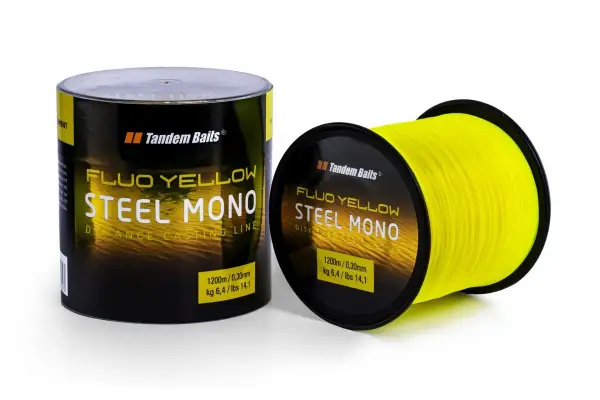 Jaka żyłka karpiowa do dalekich rzutów? Tandem Baits Steel Mono Fluo Yellow, 1200m, 0,30mm, 6,4kg. Idealna na rekordowe zasięgi.