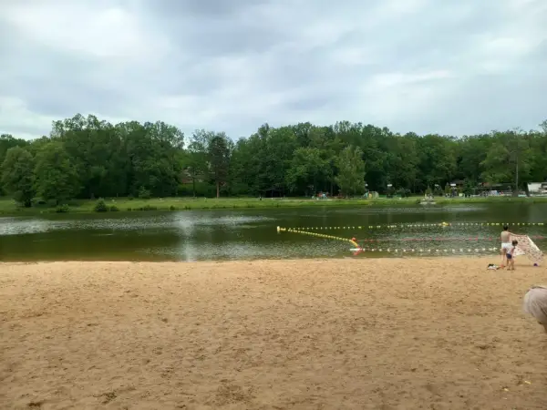 Piękna, piaszczysta plaża w Dziećkowicach zaprasza do wypoczynku nad jeziorem. W tle zielony las i spokojna woda.